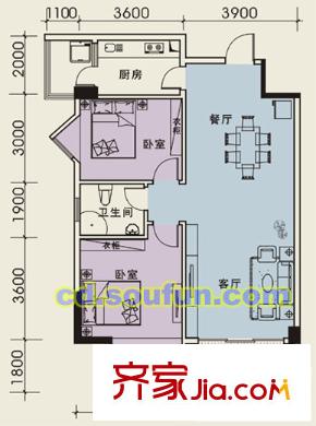 美麗南庭戶型圖B1型 2室2廳1衛(wèi)1廚