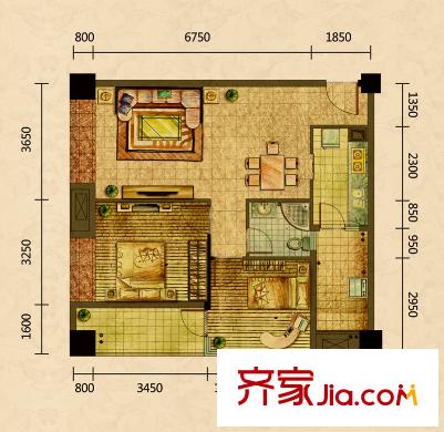 東苑錦江派戶型圖1、2#樓D戶型 2室2廳1衛(wèi)1廚