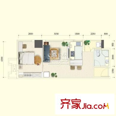 天合凱旋港戶型圖B5型標(biāo)準(zhǔn)層 1室2廳1衛(wèi)1廚