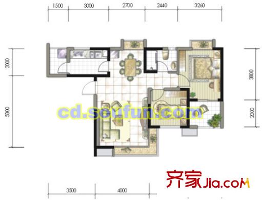 恒業(yè)星園戶型圖二期E-2 2室2廳1衛(wèi)1廚