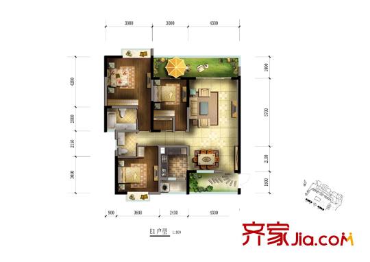 天來國際廣場戶型圖一期3號(hào)樓標(biāo)準(zhǔn)層E1戶型 3室2廳2衛(wèi)1廚