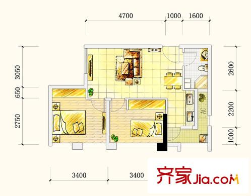 三度空間戶型圖A棟A2(b)戶型圖 2室2廳1衛(wèi)1廚