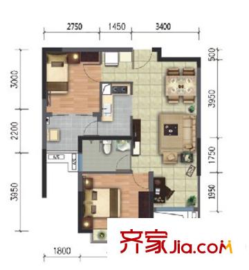 老會展現(xiàn)代城戶型圖一期I1戶型 2室2廳1衛(wèi)1廚