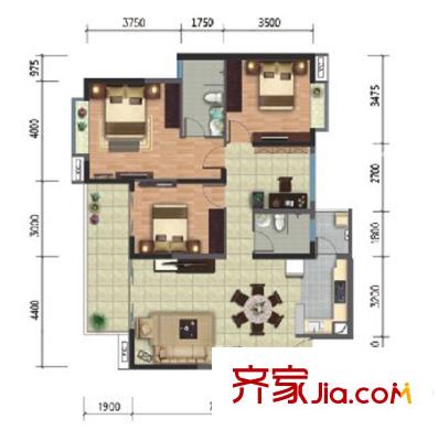 老會展現(xiàn)代城戶型圖一期G戶型 3室2廳2衛(wèi)1廚