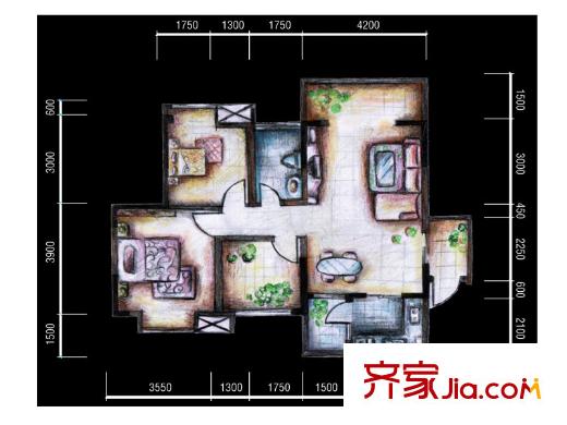 宏瑞陽光酈城戶型圖1期3號(hào)樓標(biāo)準(zhǔn)層A1戶型 2室2廳1衛(wèi)1廚