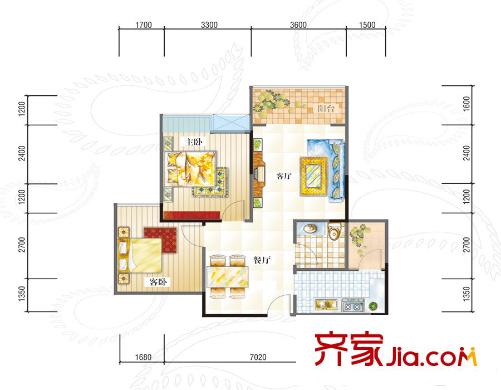 宏瑞陽光酈城戶型圖1期3號(hào)樓標(biāo)準(zhǔn)層B3戶型 2室2廳1衛(wèi)1廚