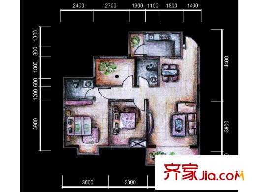 宏瑞陽光酈城戶型圖1期3號樓標準層B1戶型 2室2廳2衛(wèi)1廚