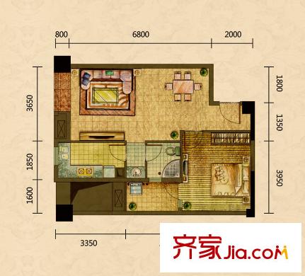 東苑錦江派戶型圖1、2#樓B戶型 1室2廳1衛(wèi)1廚