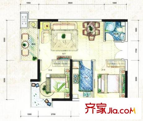 成都新天地戶型圖一期1號樓標(biāo)準(zhǔn)層E戶型 2室2廳1衛(wèi)1廚