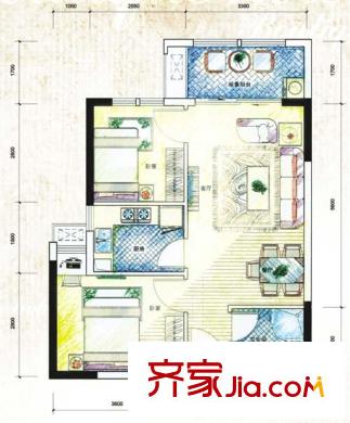 成都新天地戶型圖一期1號樓標(biāo)準(zhǔn)層B戶型 2室2廳1衛(wèi)1廚