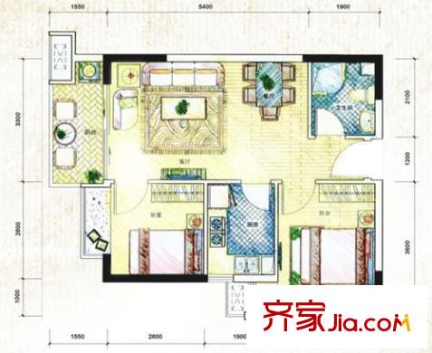 成都新天地戶型圖一期1號樓標(biāo)準(zhǔn)層D戶型 2室2廳1衛(wèi)1廚