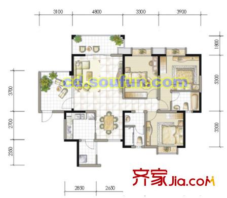 恒業(yè)星園戶型圖二期D-2 3室2廳2衛(wèi)1廚