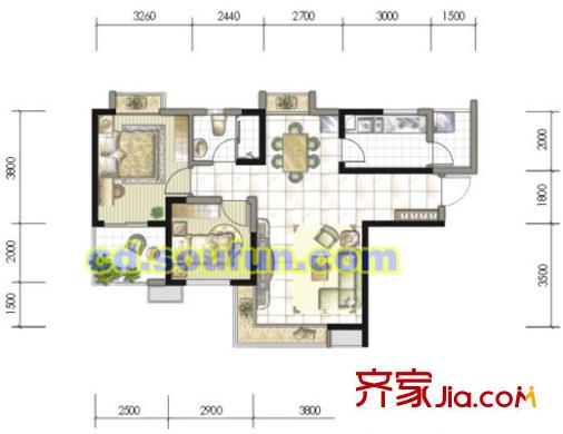 恒業(yè)星園戶型圖二期E-3 2室2廳1衛(wèi)1廚