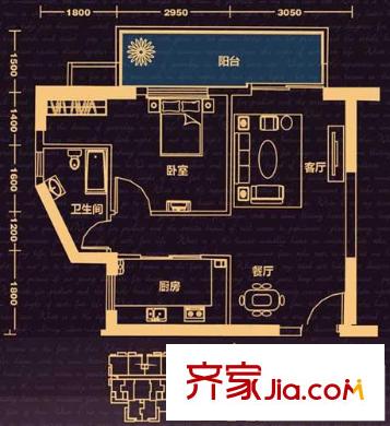 雙城戶型圖一期1-3#樓A1型 1室2廳1衛(wèi)1廚