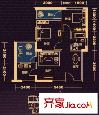 雙城戶型圖一期1-3#樓A13型 2室2廳2衛(wèi)1廚
