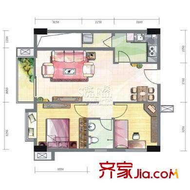 瑞升明院戶型圖C1型 2室2廳1衛(wèi)1廚