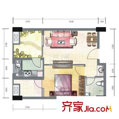 瑞升明院戶型圖B1-1型 1室2廳1衛(wèi)1廚