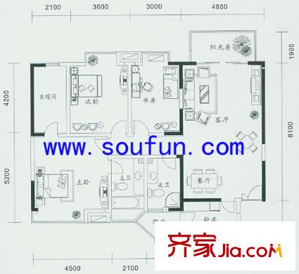 康河酈景戶型圖7號樓D型 3室2廳2衛(wèi)1廚