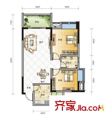 弗客城戶型圖C1戶型 2室2廳1衛(wèi)1廚