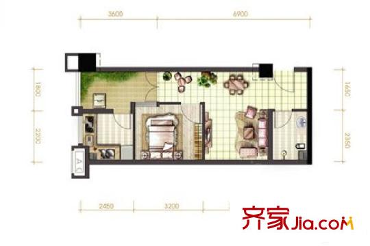 首航欣程一期2號(hào)樓標(biāo)準(zhǔn)層F1/2、E1/2戶(hù)型（售罄） 1室1廳1衛(wèi)1廚