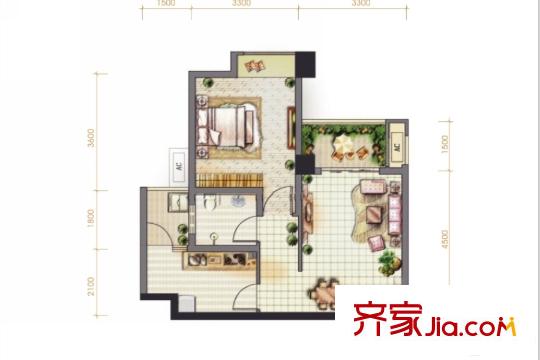 首航欣程1號(hào)樓B3戶(hù)型（售罄） 1室2廳1衛(wèi)1廚