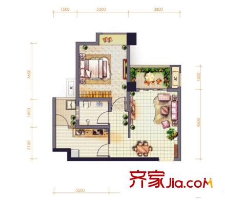 首航欣程一期1,2號(hào)樓標(biāo)準(zhǔn)層B3戶(hù)型（售罄） 1室1廳1衛(wèi)1廚
