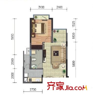 老會展現(xiàn)代城戶型圖一期J戶型 1室2廳1衛(wèi)1廚