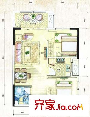 成都新天地戶型圖一期1號樓標(biāo)準(zhǔn)層A戶型 2室2廳1衛(wèi)1廚