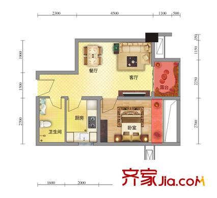 鴻源星睿城戶型圖1號樓A3戶型 1室1廳1衛(wèi)1廚