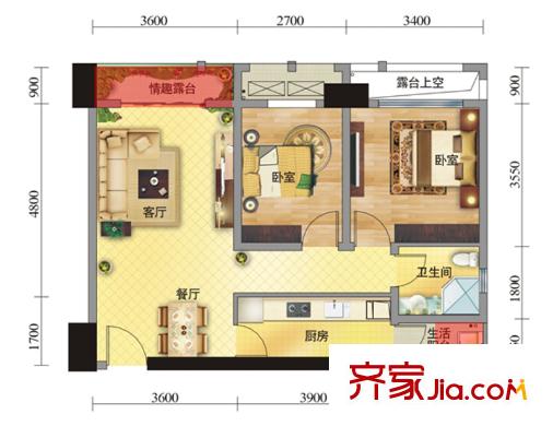鴻源星睿城戶(hù)型圖2號(hào)樓B2戶(hù)型 2室2廳1衛(wèi)1廚