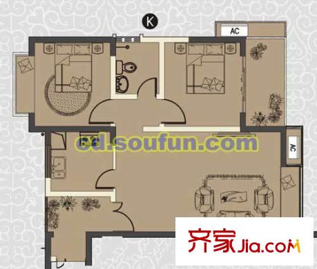 曦城戶型圖K型 2室2廳1衛(wèi)1廚