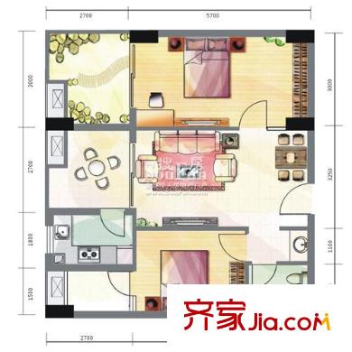 瑞升明院戶型圖B2-2型 2室2廳1衛(wèi)1廚