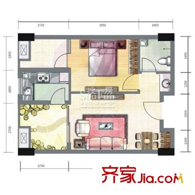 瑞升明院戶型圖B1-2型 1室1廳1衛(wèi)1廚