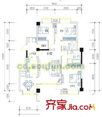 東升國瑞戶型圖E1型 3室2廳2衛(wèi)1廚