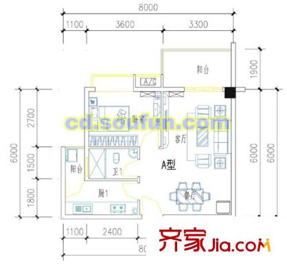 東升國瑞戶型圖A型 1室2廳1衛(wèi)1廚