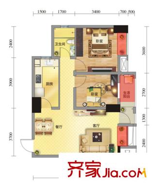 鴻源星睿城戶(hù)型圖2號(hào)樓B3戶(hù)型 2室2廳1衛(wèi)1廚