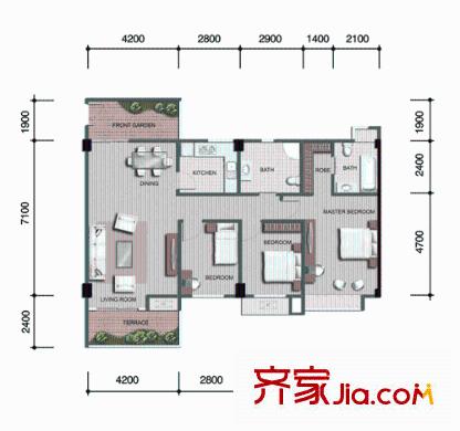 月光誠品戶型圖C4戶型 3室2廳1衛(wèi)1廚