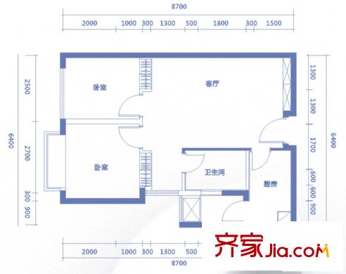 COSMO廣場戶型圖1、2棟標(biāo)準(zhǔn)層D戶型（不分期） 2室2廳1衛(wèi)1廚