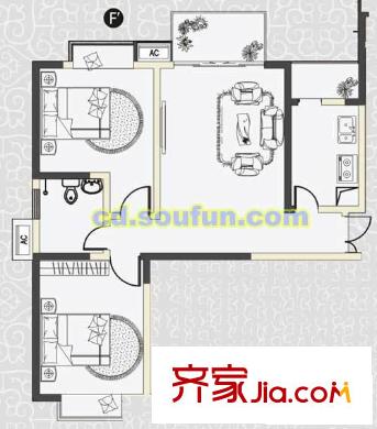 曦城戶型圖F’型 2室1廳1衛(wèi)1廚
