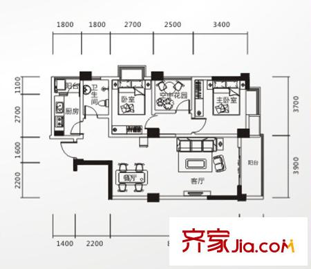 雕刻時光戶型圖一期一批次D4戶型 2室2廳1衛(wèi)1廚