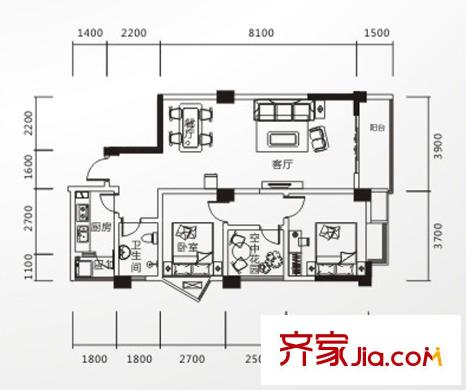 雕刻時光戶型圖一期一批次D3戶型 2室2廳1衛(wèi)1廚