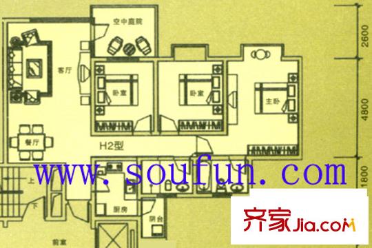 凱瑞花都戶型圖H2型 3室2廳2衛(wèi)1廚