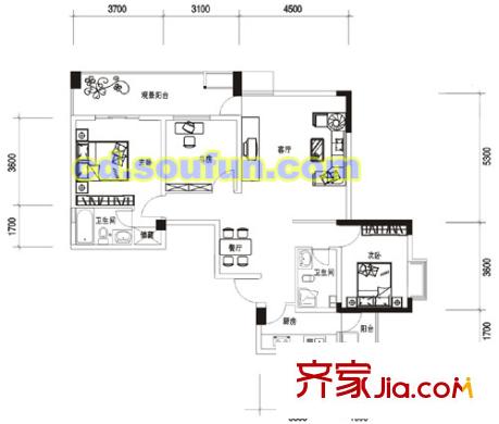 金府世家戶型圖E型 3室2廳2衛(wèi)1廚