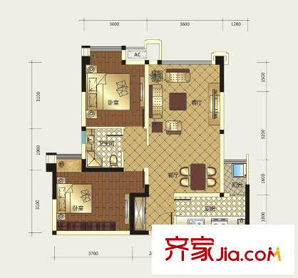 中鐵騎士公館戶型圖一期1-7號(hào)樓A戶型 2室2廳1衛(wèi)1廚