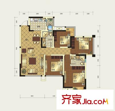 中鐵騎士公館戶型圖一期3、7號(hào)樓D戶型 4室2廳2衛(wèi)1廚