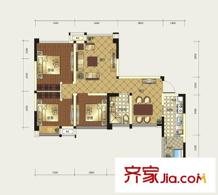 中鐵騎士公館戶型圖一期1-7號(hào)樓B戶型 3室2廳1衛(wèi)1廚