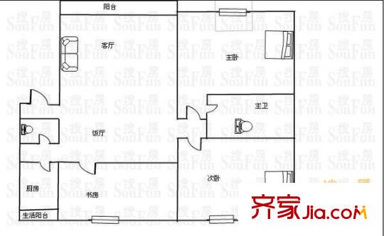大觀城市花園戶型圖戶型圖 3室2廳1衛(wèi)1廚