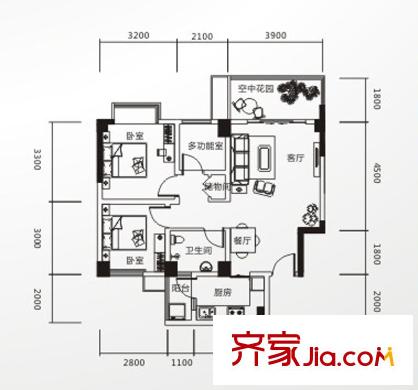 雕刻時光戶型圖一期一批次E1戶型 2室2廳1衛(wèi)1廚
