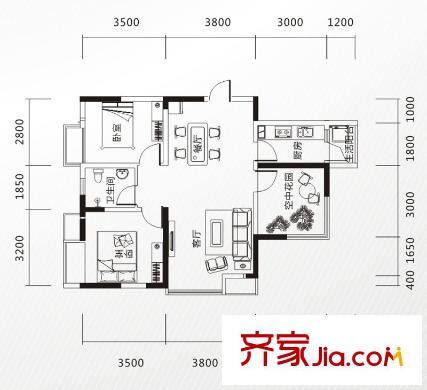 雕刻時光戶型圖一期一批次A1戶型 2室2廳1衛(wèi)1廚