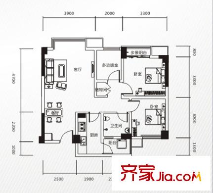 雕刻時光戶型圖一期一批次E2戶型 2室2廳1衛(wèi)1廚